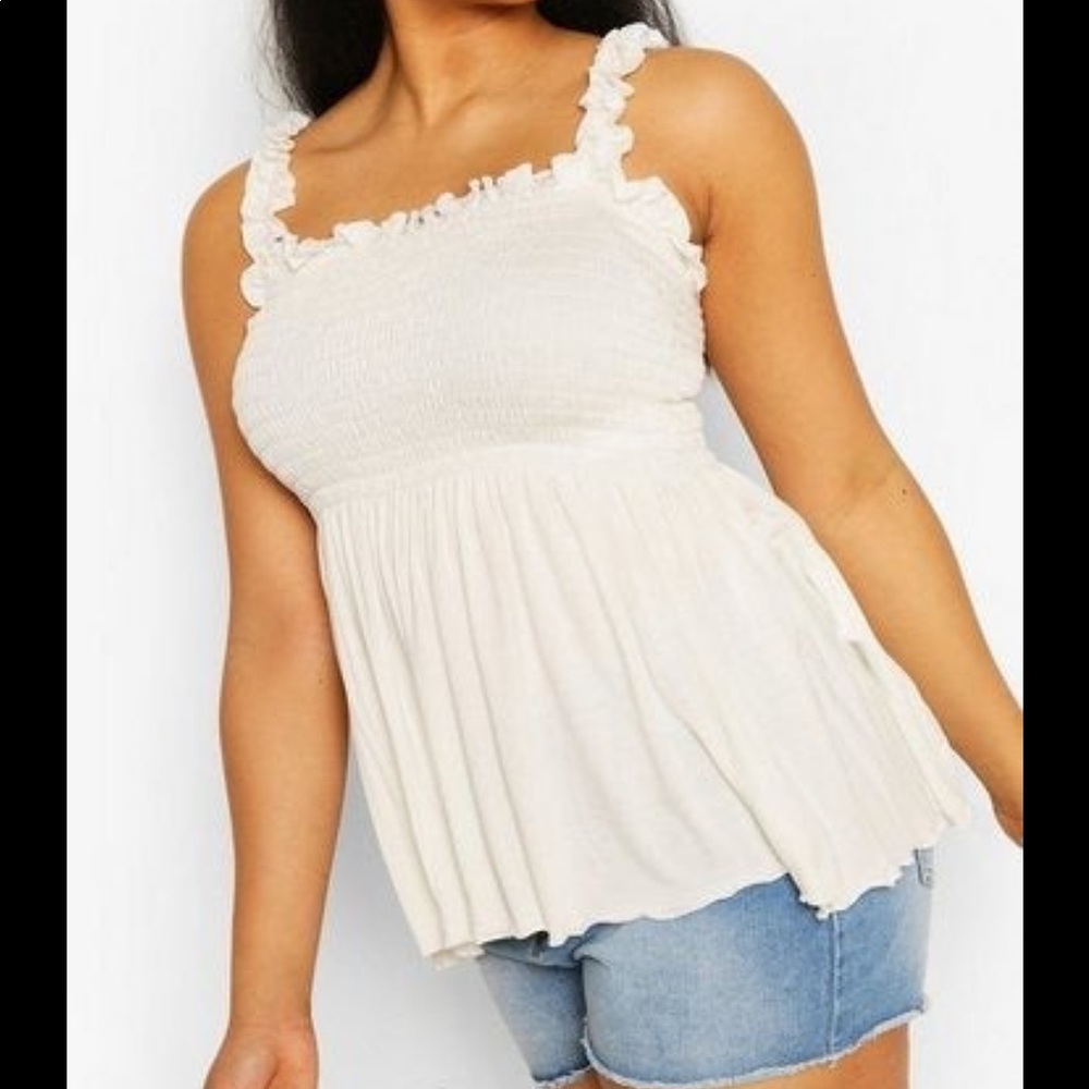 Boohoo Ivory Shirred Ruffle Strap Peplum Cami Top
